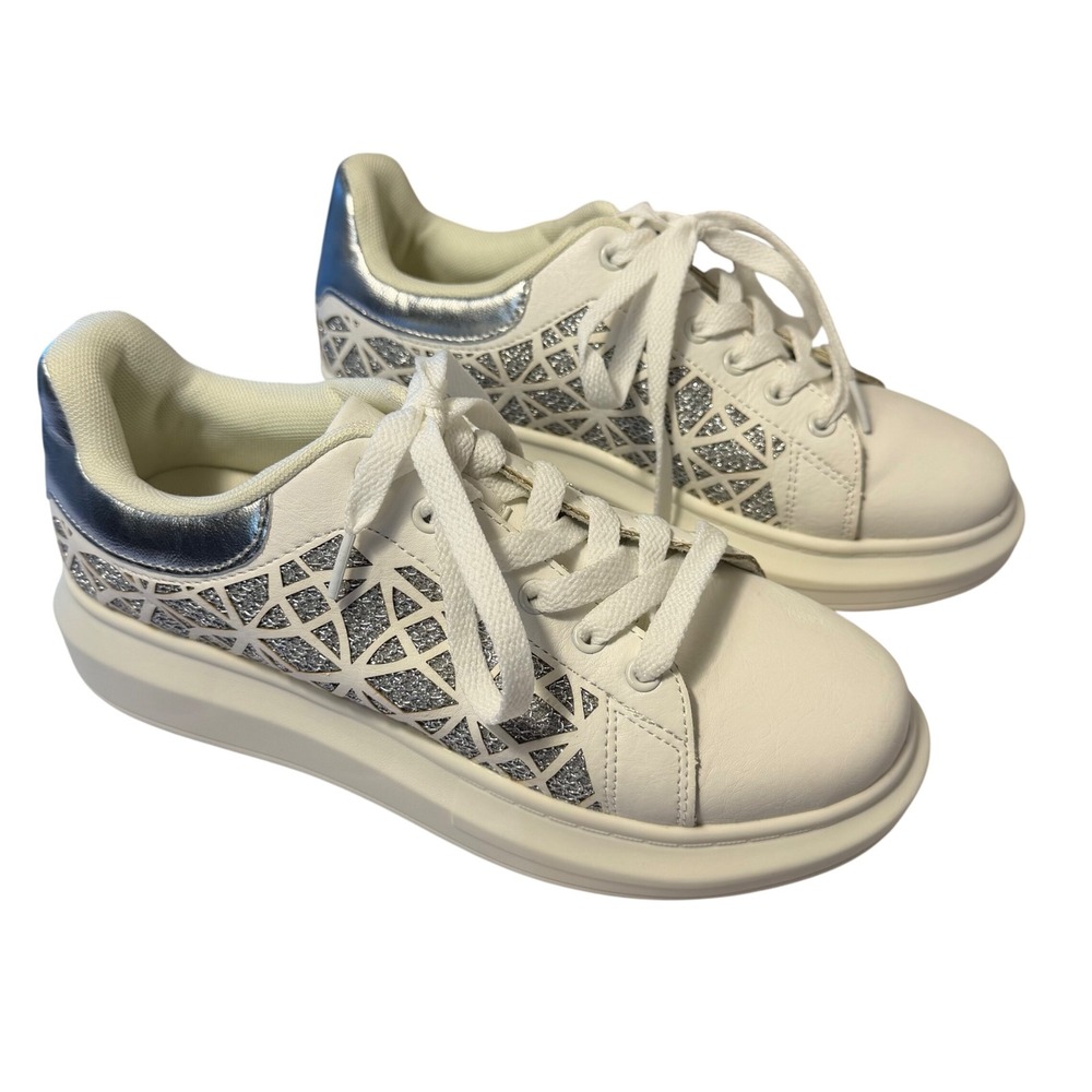 Midnight Velvet White‎ & Silver Platform Sneakers Geometric Cutout EU 41 / US 10